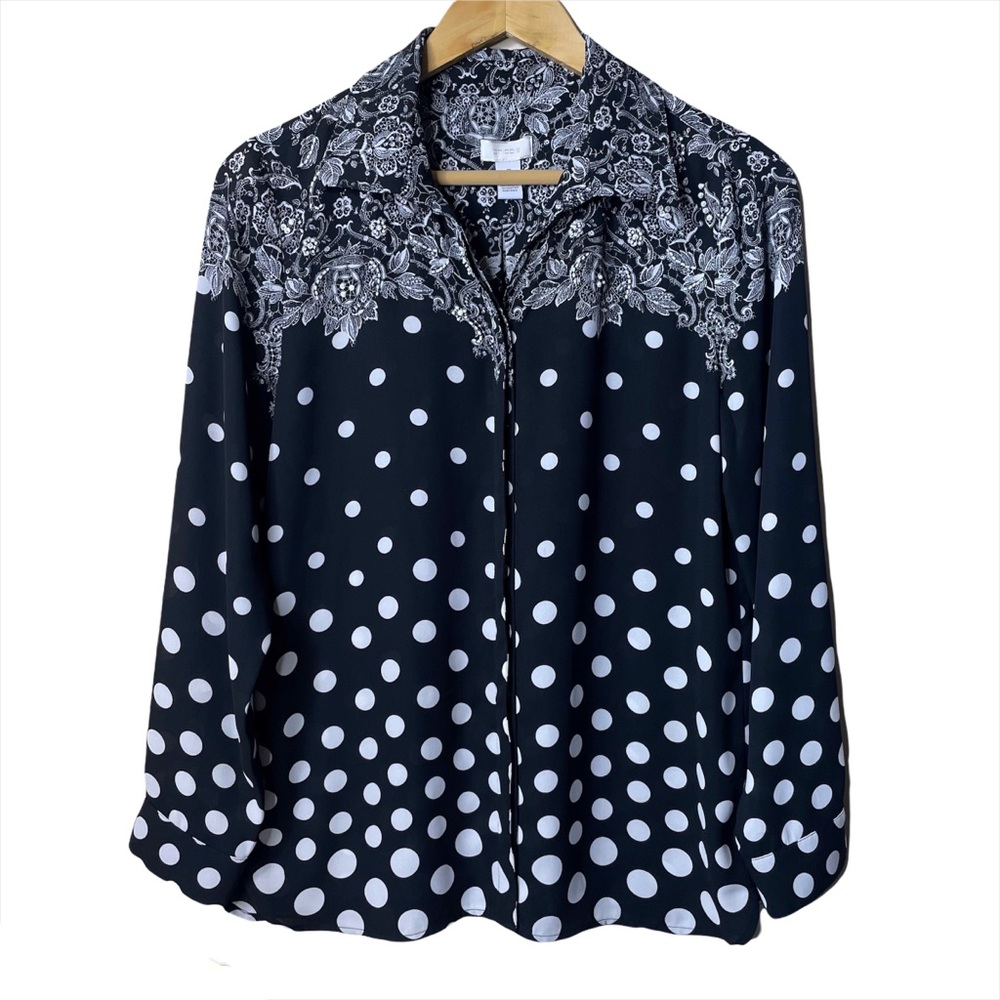 Chico's Black Polka Dot Paisley Floral Button Front Top